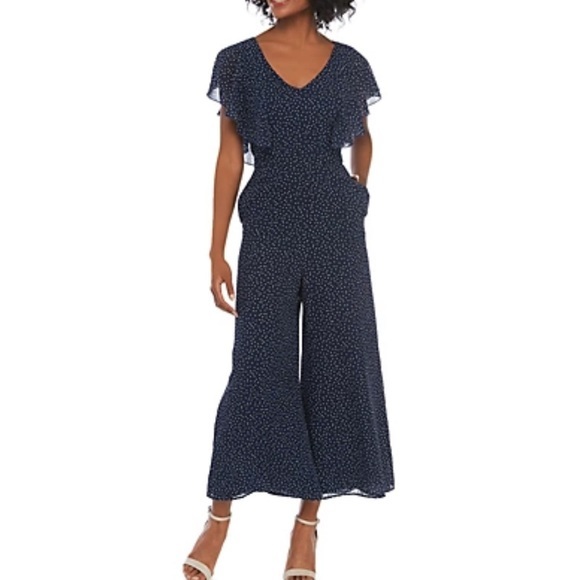 Charles Henry navy scattered dot flutter sleeve wide leg jumpsuit size small - Picture 1 of 10